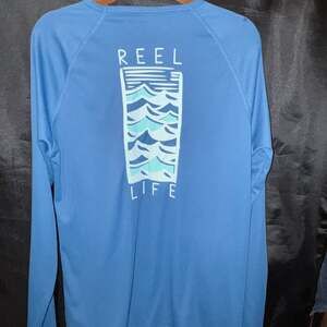 Reel Life Women's Size S Blue Stretch Rash Guard Fishing Top With Thumbholes